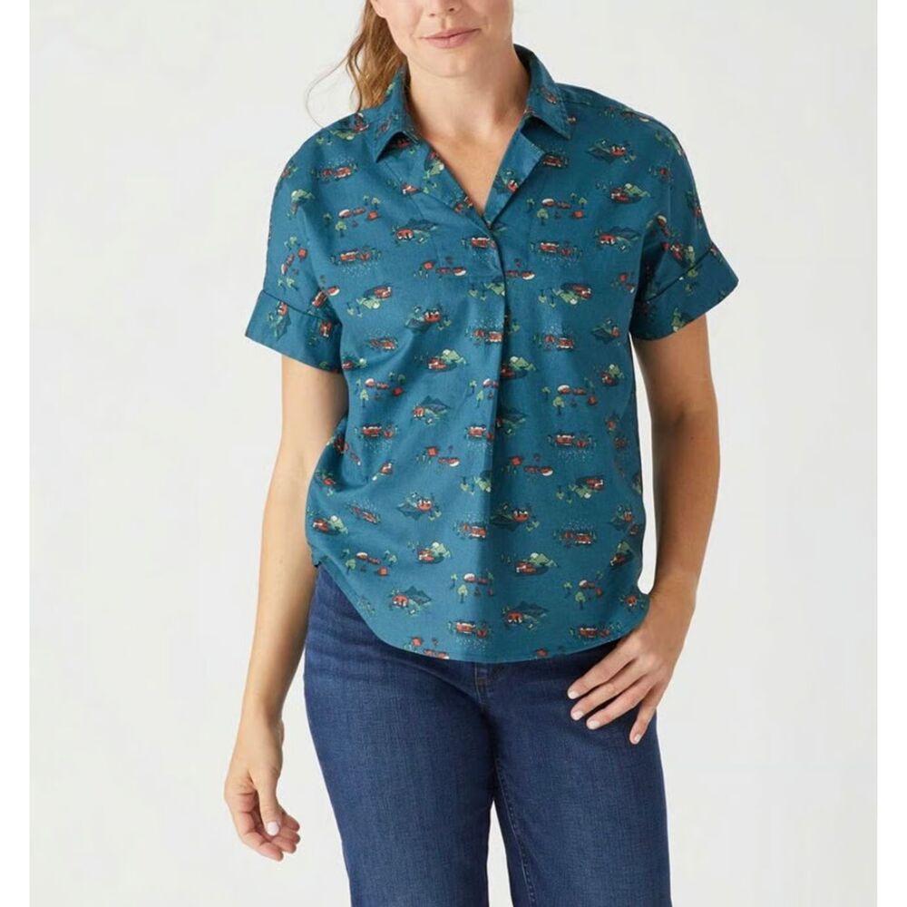 Duluth Trading Women's Printmaker Campers Organic Cotton Popover Shirt S